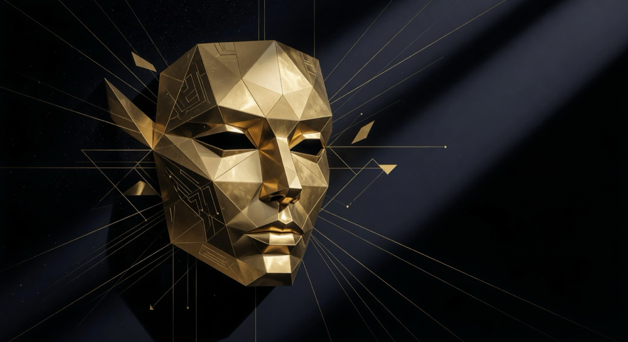 Golden faceted geometric mask emerging from a black architectural void with subtle gold lines and light rays.