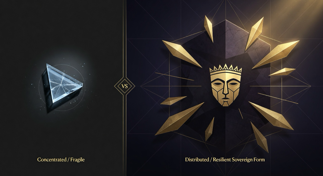Abstract side-by-side graphic: on the left a single small concentrated fragile geometric point representing vulnerable isolated systems; on the right a resilient protected whole — large dark monolithic form with central gold mask emblem and multiple distributed golden facets connected by thin lines across distance. Dramatic lighting on the protected form. Clean graphic style matching CLAVI research diagrams.