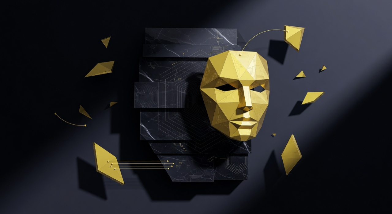 Symbolic geometric faceted gold mask as central totem emerging from a large dark layered monolithic form, surrounded by precisely positioned smaller golden facets and shards connected by thin elegant lines — deep obsidian void, dramatic cinematic gold highlights, representing the abstract architecture of digital sovereignty.