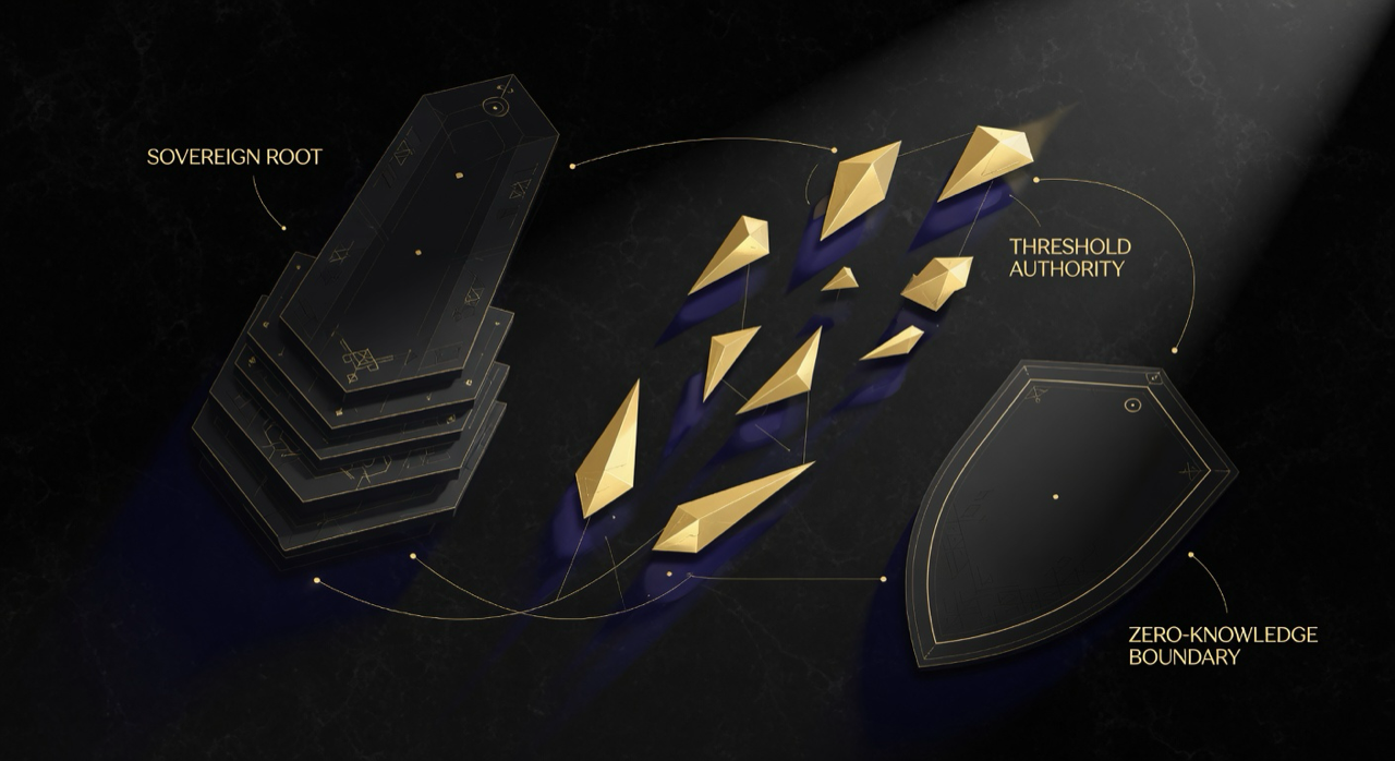 Abstract geometric composition of three symbolic elements: a large layered monolithic dark form with gold inlays (sovereign root), distributed sharp golden shards (threshold authority), and a clean empty geometric plane (zero-knowledge boundary) — connected by thin gold lines on dark onyx, in the exact style of CLAVI's research diagrams.