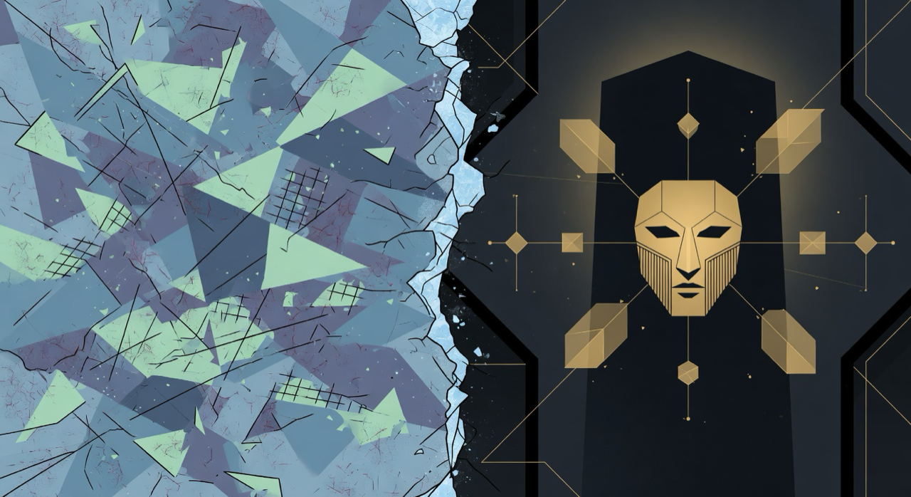 Abstract split graphic: left side fractured chaotic noisy geometric forms in cold tones (panic and loss of control); right side a calm whole protected composition — large dark monolithic form with integrated gold mask emblem and precisely distributed golden facets connected by thin lines, reinforced by clean geometric boundaries and subtle gold light. Dramatic contrast expressing 'the distance is architecture' through pure geometry.